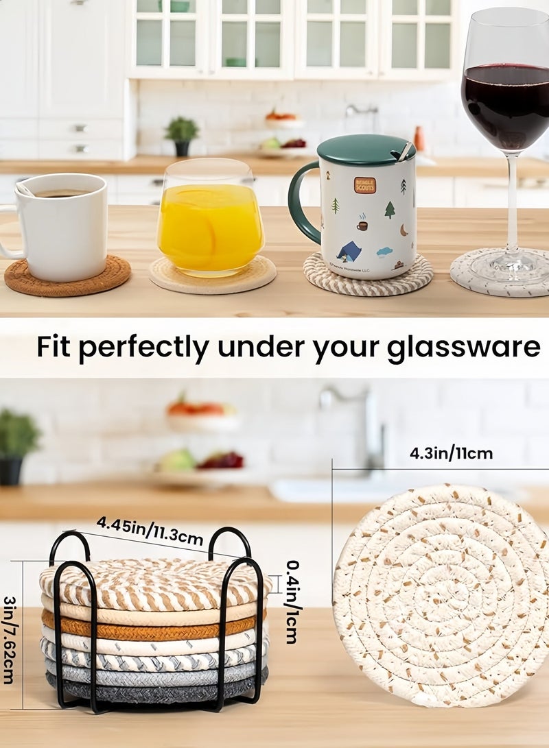 8 Pcs Drink Coasters with Holder, 8 Colors Absorbent Coasters for Drinks Minimalist Cup Coasters Cotton Coaster Set Woven Coasters for Coffee Table Home Decor Bar Housewarming Gift, 4.3 Inch - Image 3